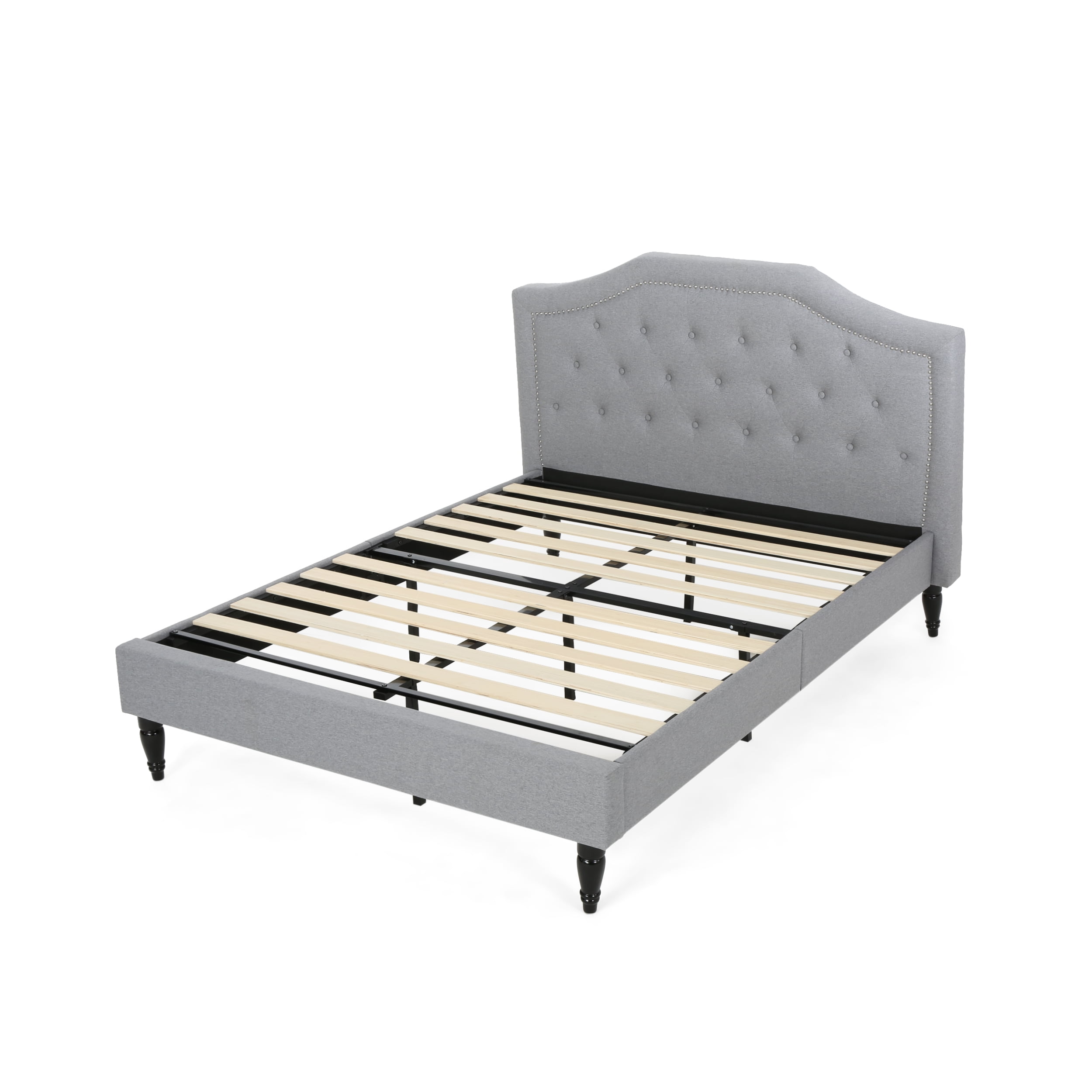 Elegant Queen-Sized Low Profile Upholstered Bed with Tufted Headboard - Light Gray