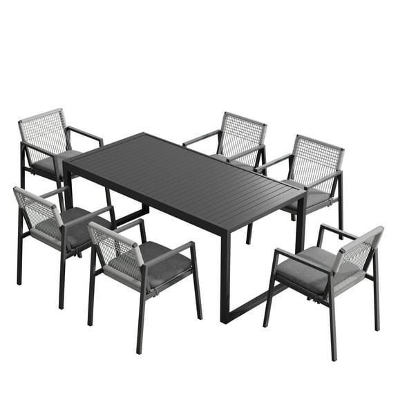 GDF Studio Premium Aluminum Outdoor Dining Set, Sleek Table & 6 Stylish Rope Chairs