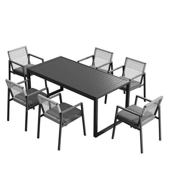 GDF Studio Premium Aluminum Outdoor Dining Set, Sleek Table & 6 Stylish Rope Chairs