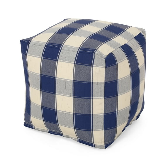 GDF Studio Prestage Modern Fabric Checkered Cube Pouf, Ivory and Navy Blue