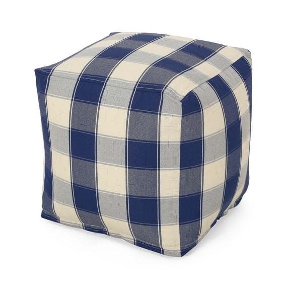 GDF Studio Prestage Modern Fabric Checkered Cube Pouf, Ivory and Navy Blue