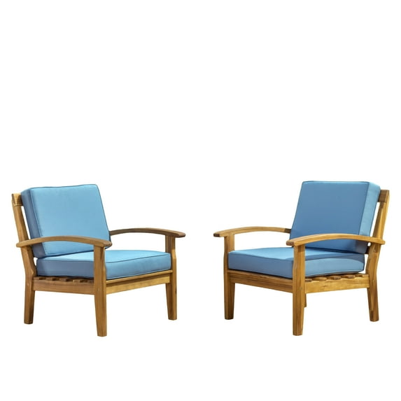 GDF Studio Preston Outdoor Wooden Club Chairs with Cushions, Set of 2, Blue