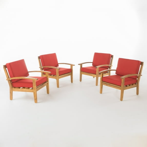 GDF Studio Preston Outdoor Wooden Club Chairs with Cushions, Set of 4, Red
