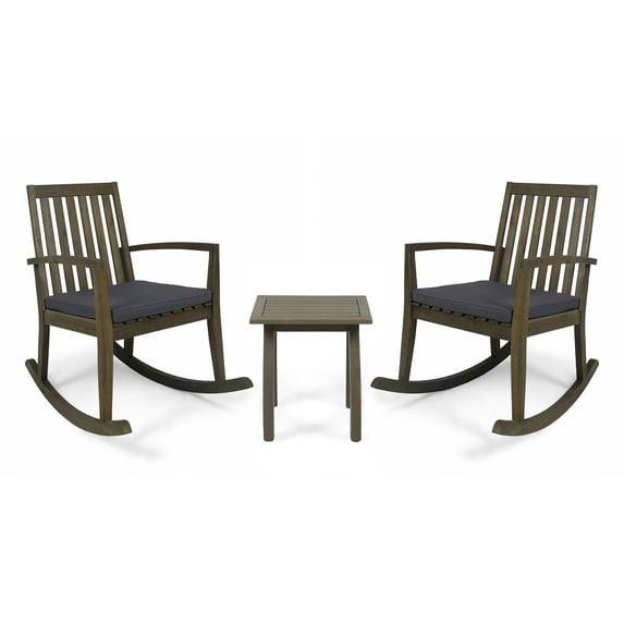 GDF Studio Priya Outdoor Acacia Wood 3 Piece Rocking Chair Chat Set with Cushions, Gray and Dark Gray