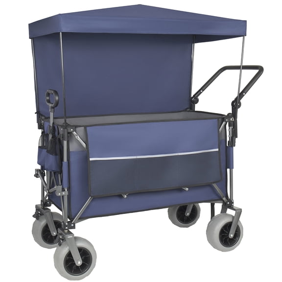 GDF Studio Push-Pull Folding Beach Wagon with Canopy, Balloon Tires, Large Capacity for Transport, Groceries, Blue