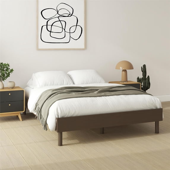GDF Studio Queen Platform Bed with Low Profile Design, Solid Wood Frame, Walnut
