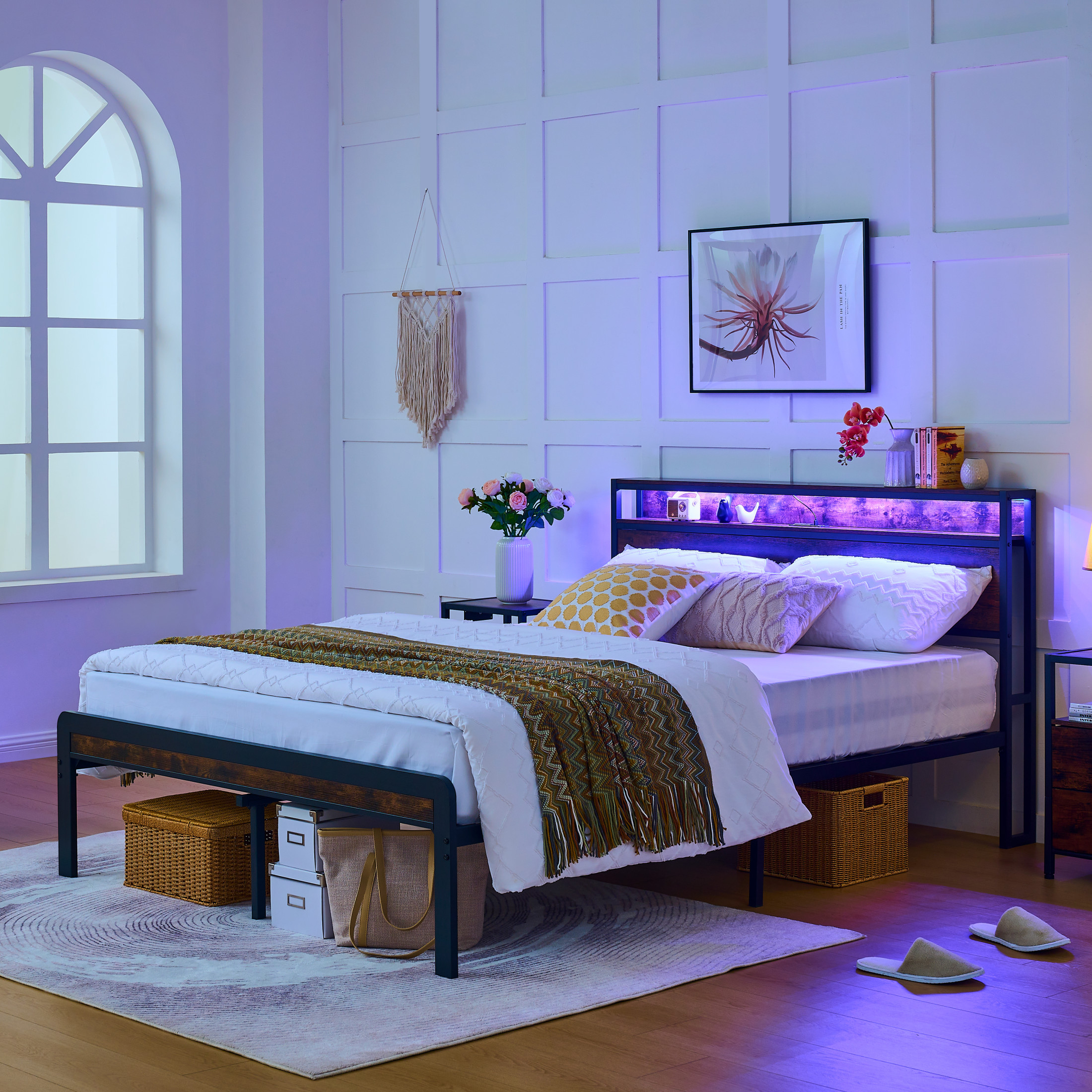 GDF Studio Queen Size Bed Frame, Storage Headboard with LED light & Charging Station, Antique Brown