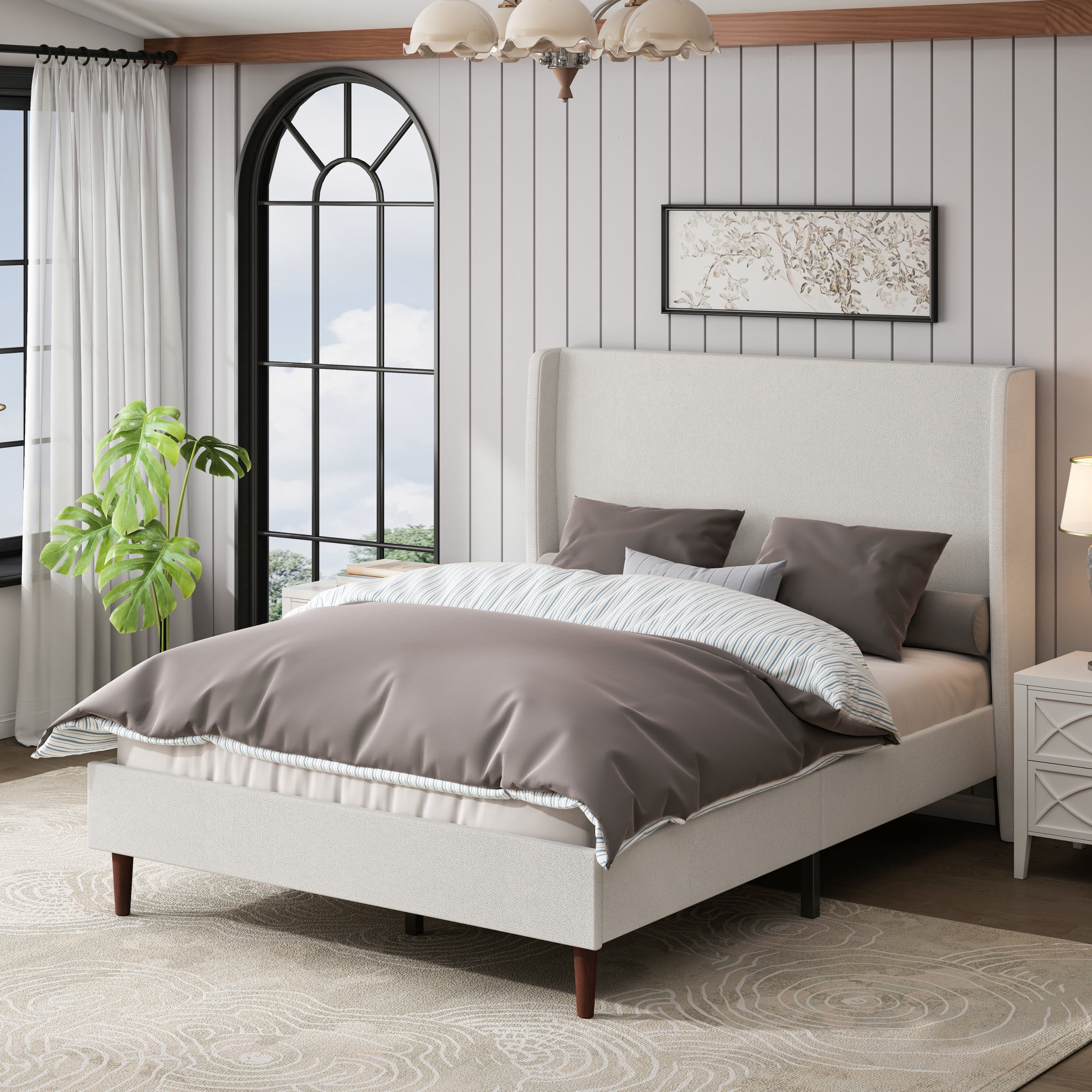 GDF Studio Queen Size Chenille Upholstered Bed with High Headboard & Wood Slat Support, Ivory White