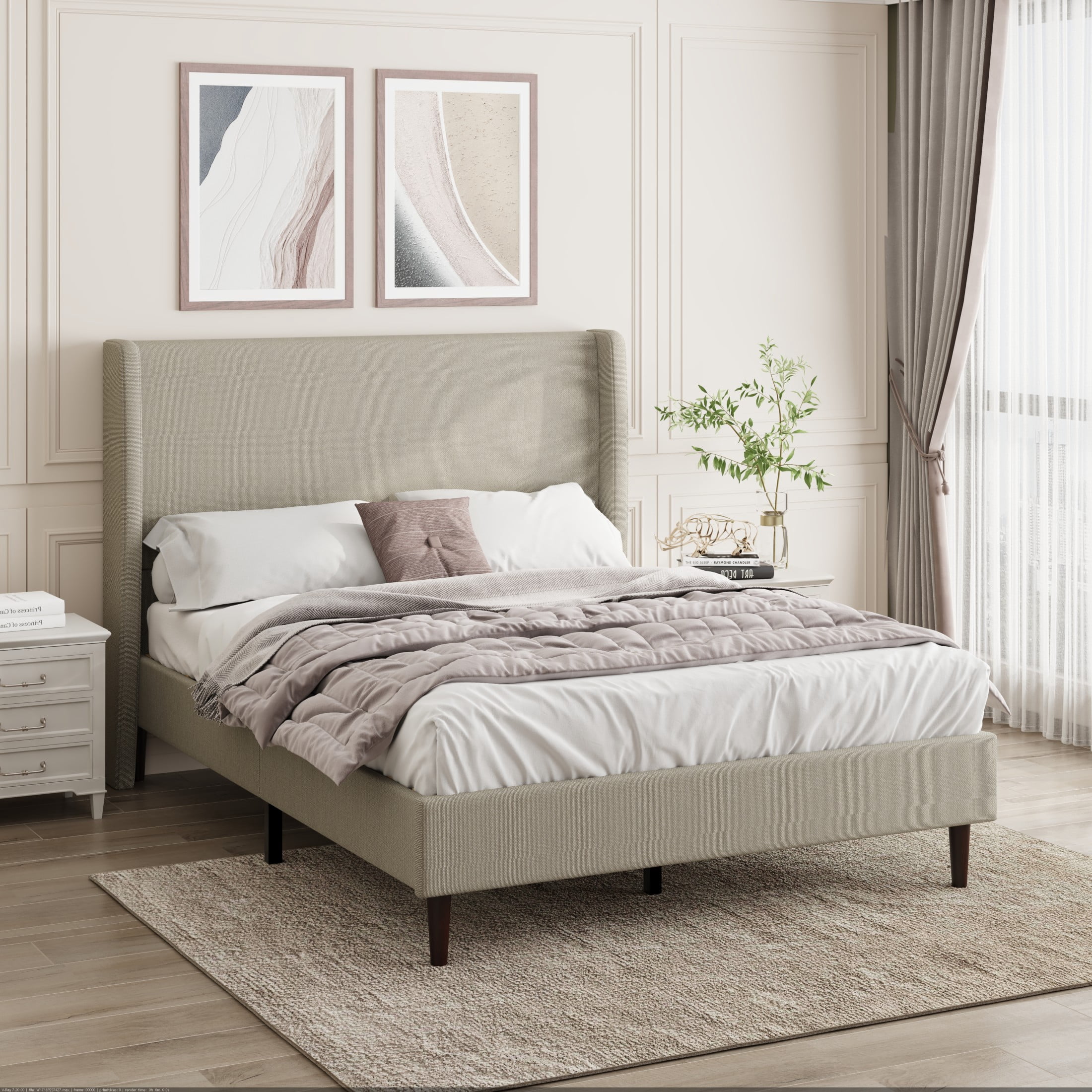 GDF Studio Queen Size Linen Upholstered Bed with High Headboard & Wood Slat Support, Beige