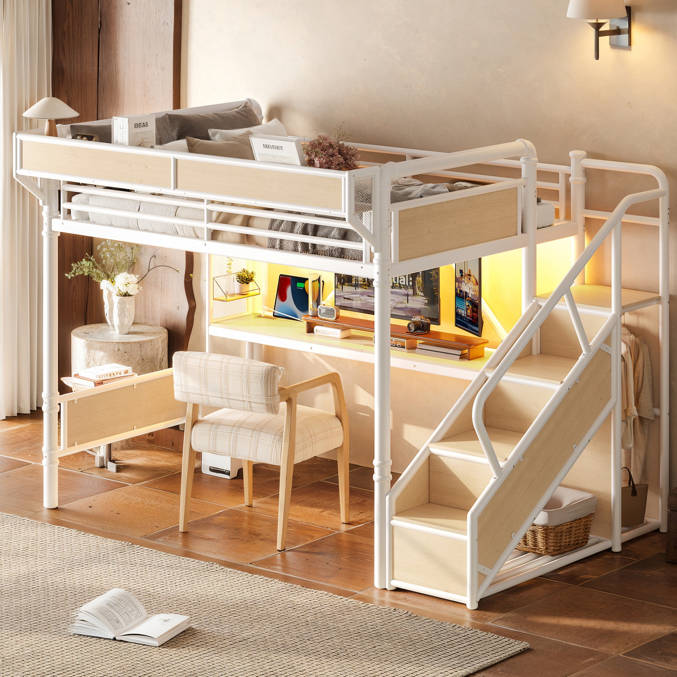 GDF Studio Queen Size Metal Loft Bed with Desk, Power Outlet, LED Light, Storage & Wardrobe, White