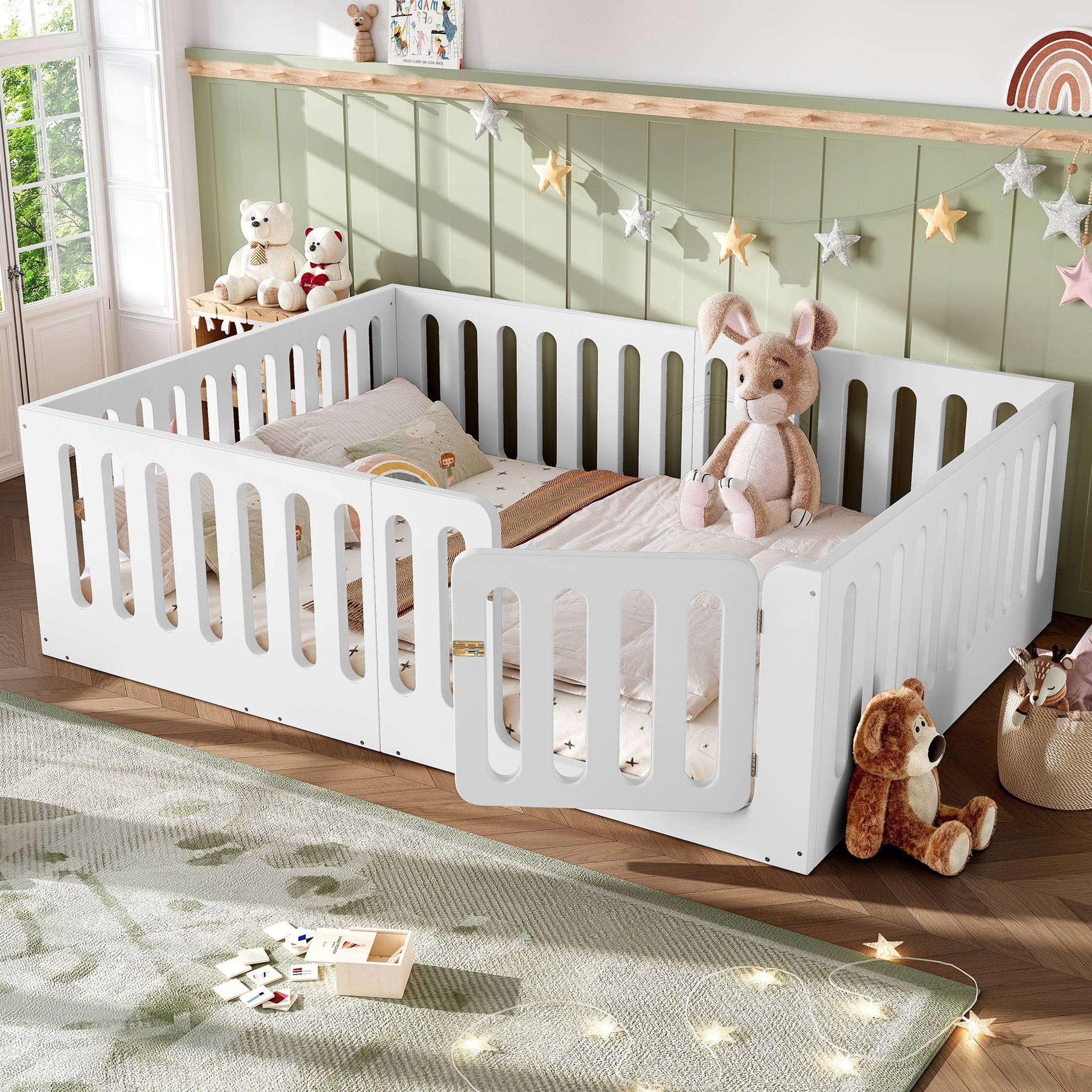 GDF Studio Queen Size Montessori Floor Bed with High Guardrails & Door, Low-Profile Design, White
