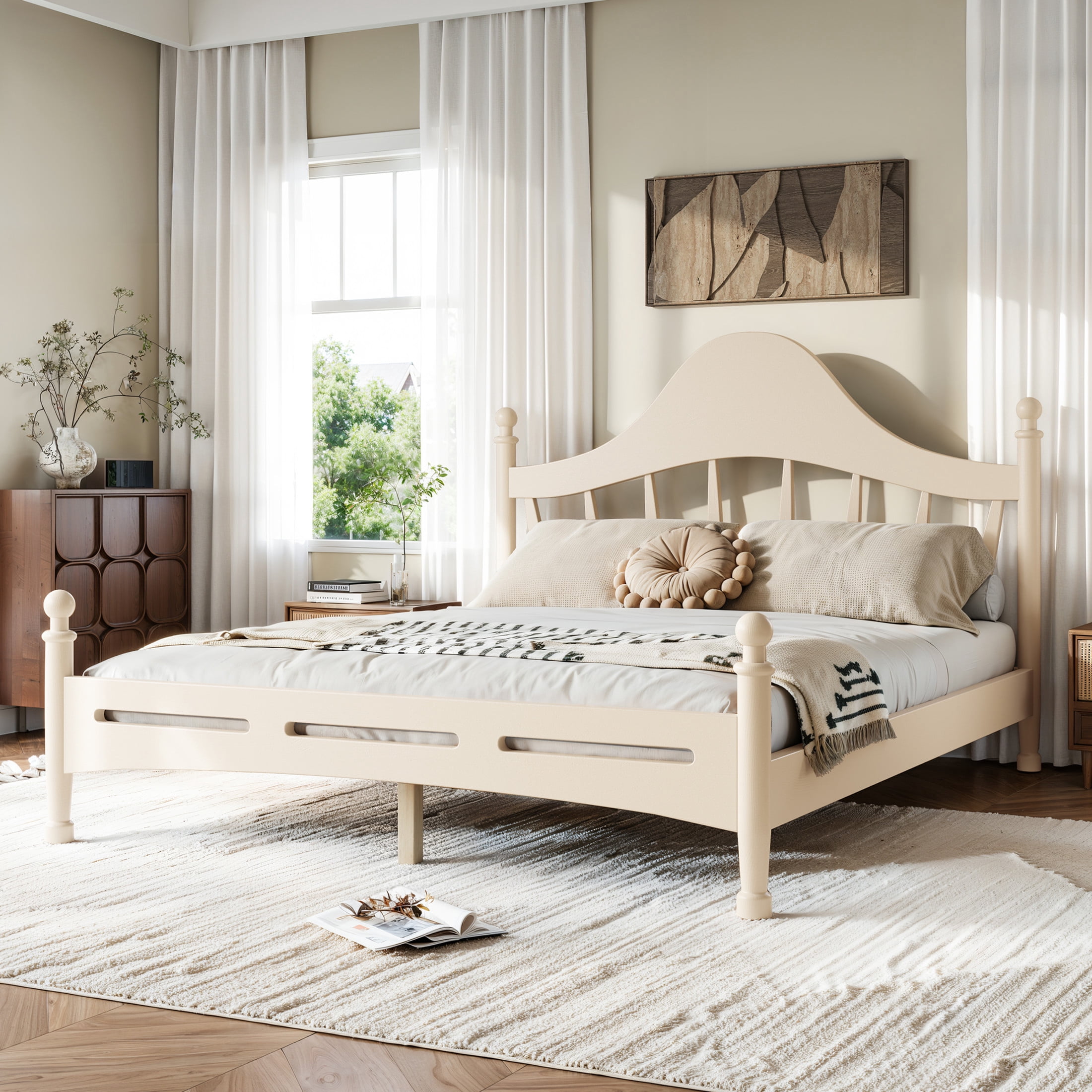 GDF Studio Queen Size Platform Bed with Curved Headboard, Solid Pine Frame, Slatted Support, Beige