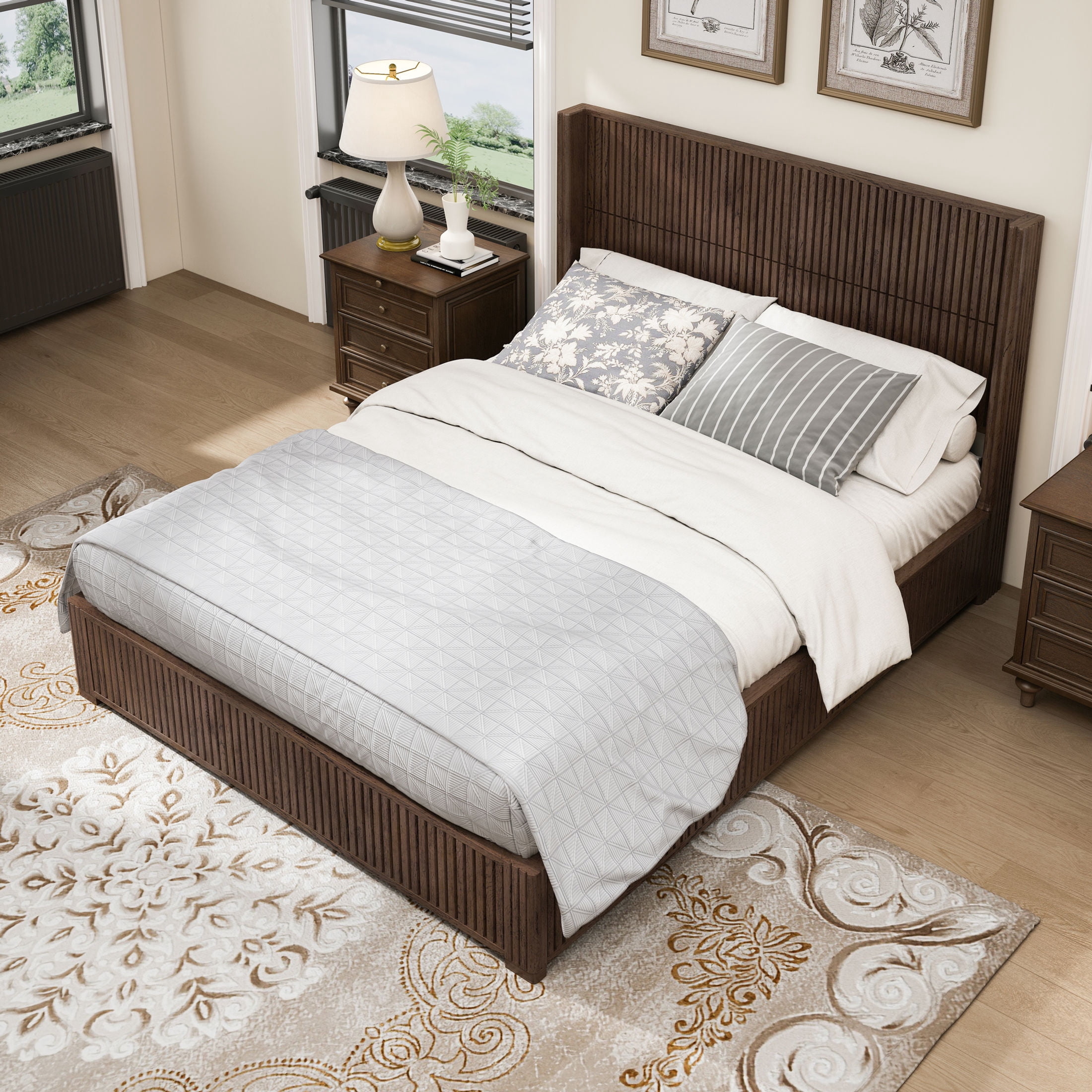 GDF Studio Queen Size Solid Wood Platform Bed with Wingback Headboard, No Box Spring Needed, Walnut