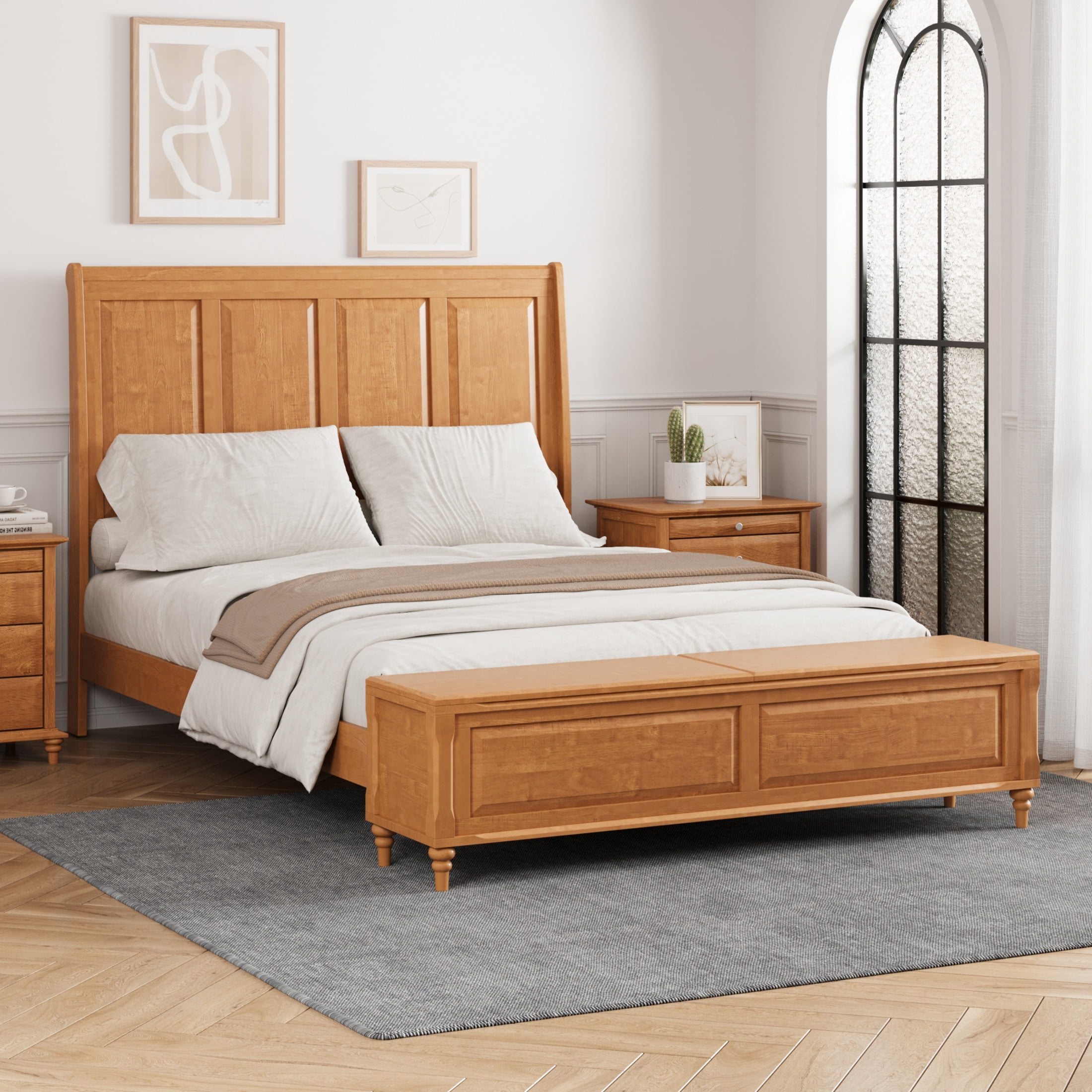 GDF Studio Queen Size Solid Wood Sleigh Bed with Tall Headboard and Storage Bench, Natural