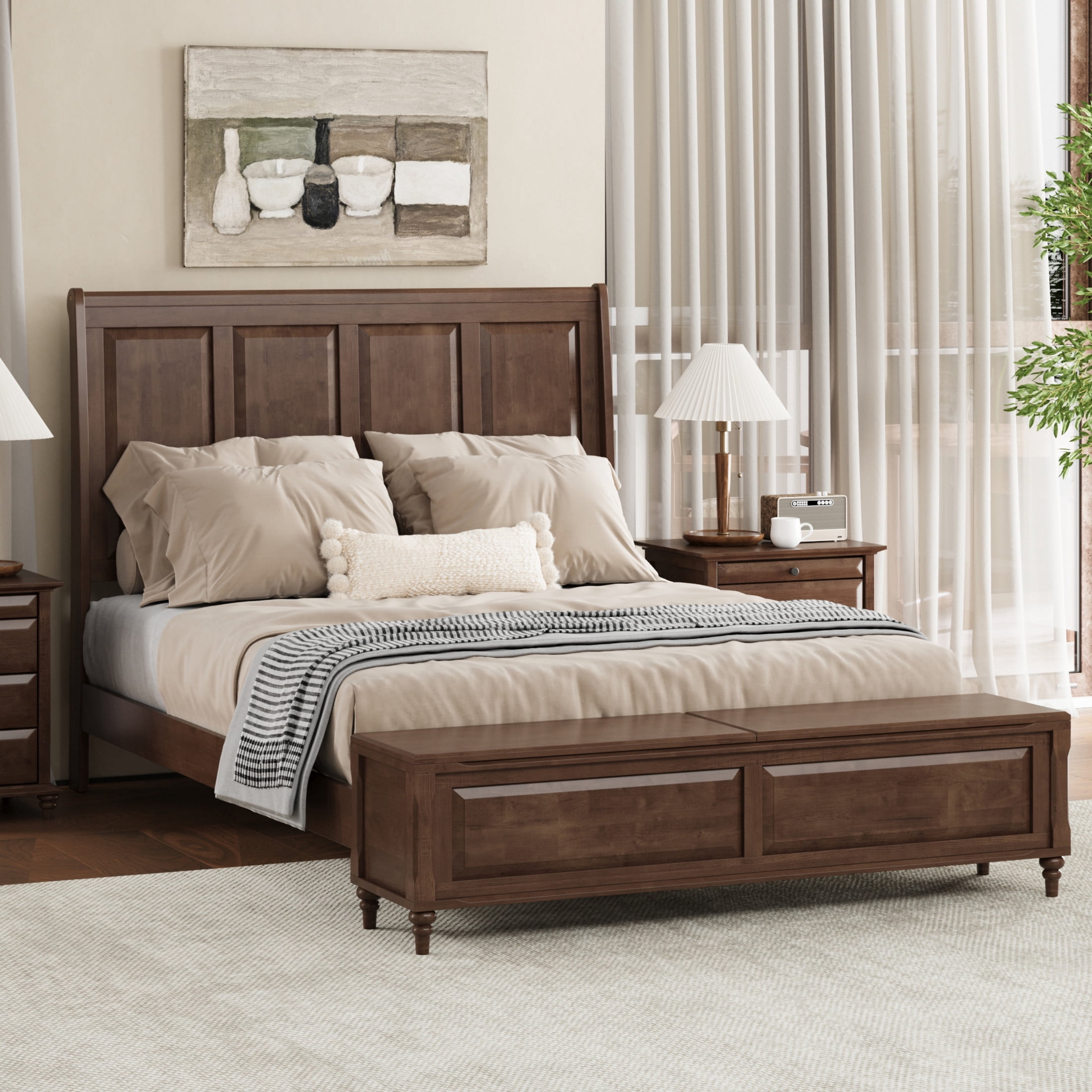 GDF Studio Queen Size Solid Wood Sleigh Bed with Tall Headboard and Storage Bench, Walnut