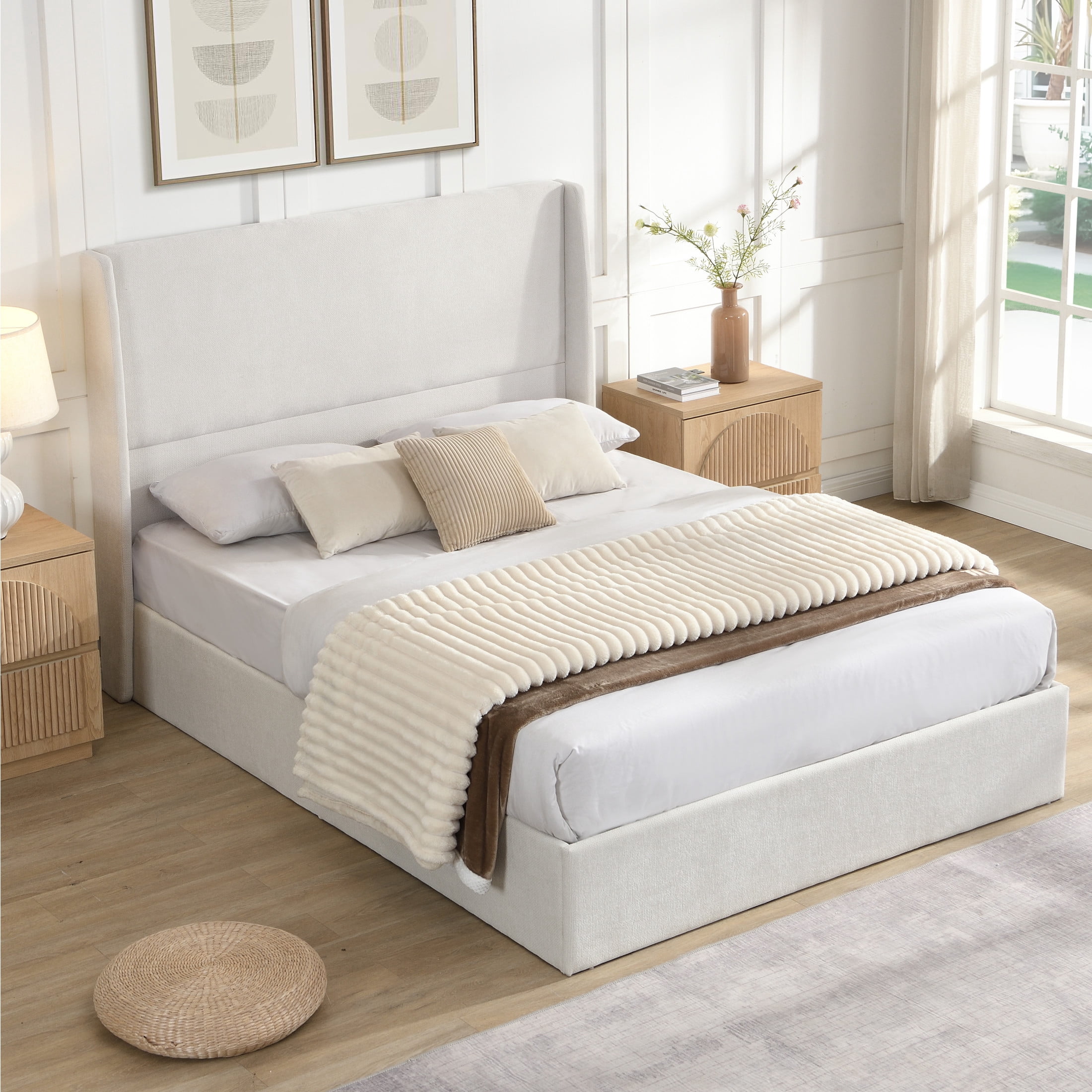 GDF Studio Queen Size Upholstered Bed with Chenille Fabric, High Headboard and 12-Slat Support, Beige