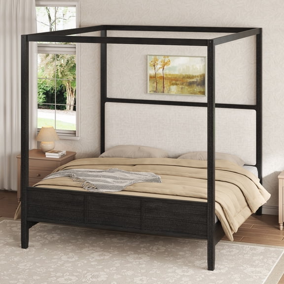 GDF Studio Queen Wooden Canopy Platform Bed with Upholstered Headboard, Reinforced Slats, Black