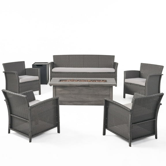 GDF Studio Raina Outdoor Wicker 7 Seater Sofa and Club Chair Chat Set with Fire Pit, Gray and Light Gray