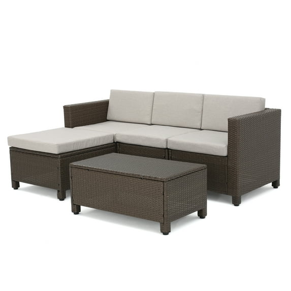 GDF Studio Raleigh Outdoor 5 Piece L-Shape Wicker Sectional W/ Cushions, Gray