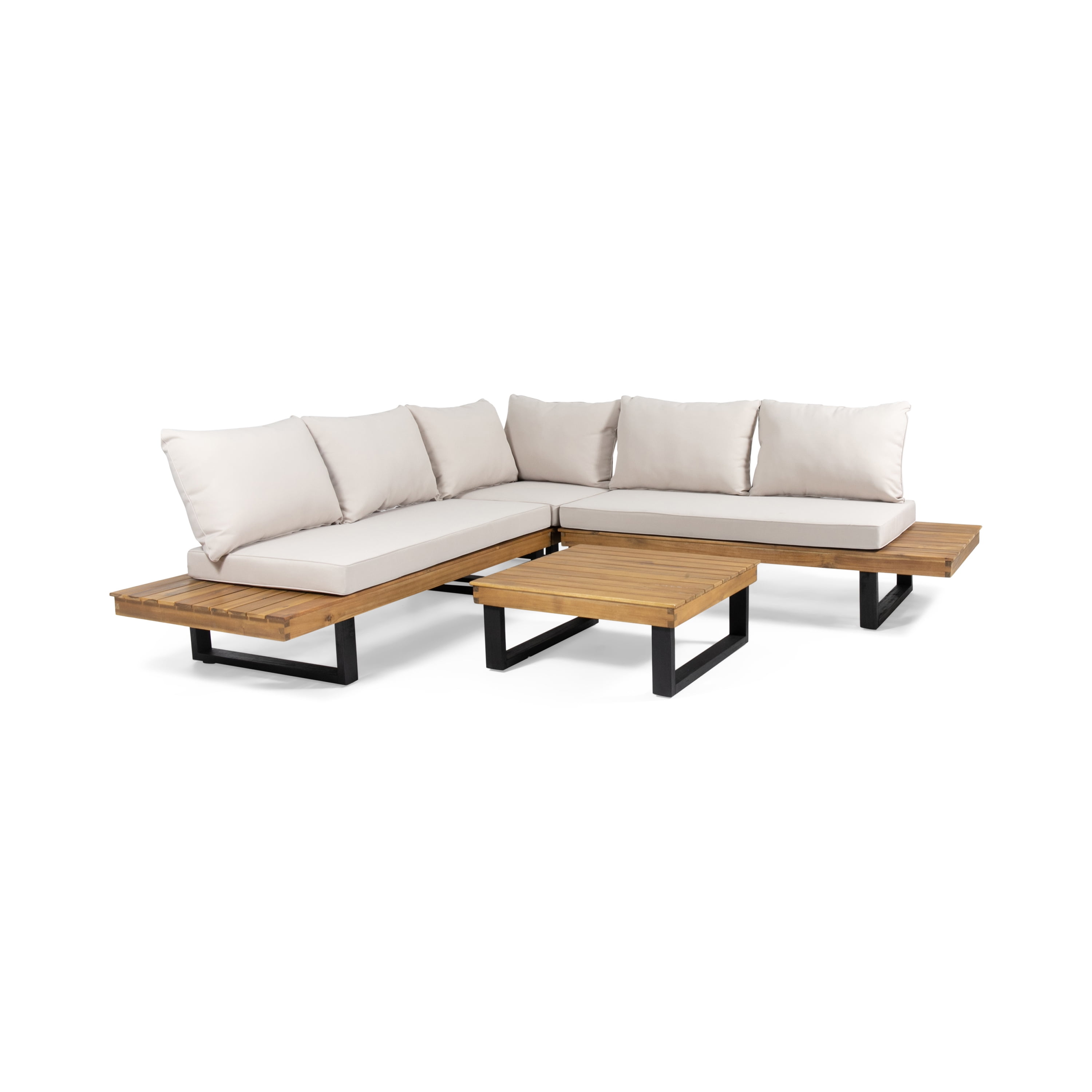 GDF Studio Raleigh Outdoor Acacia Wood 5 Seater Sectional Sofa Set with Cushions, Teak and Beige