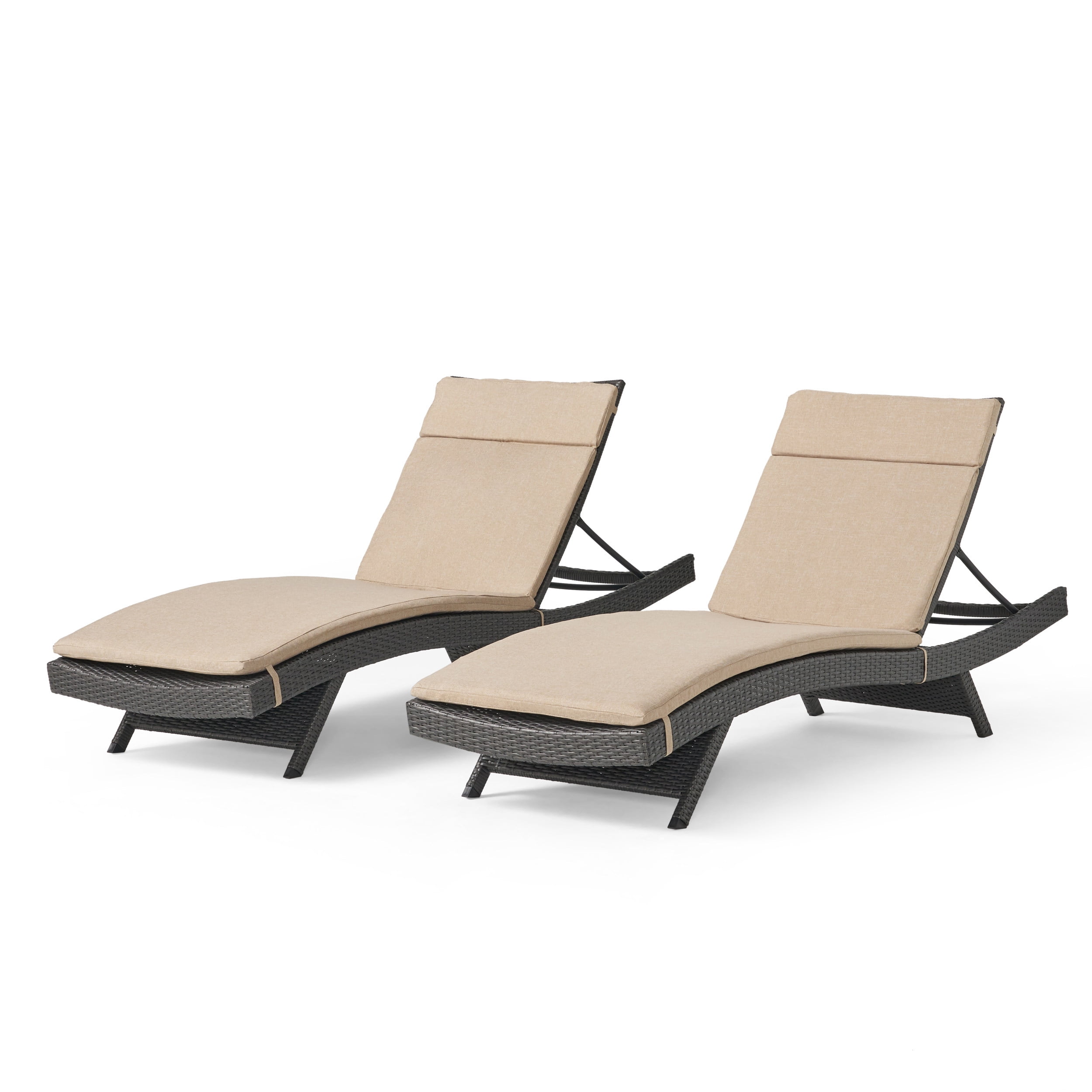 Gray and Beige Wicker Outdoor Chaise Lounge with Cushions, Set of 2