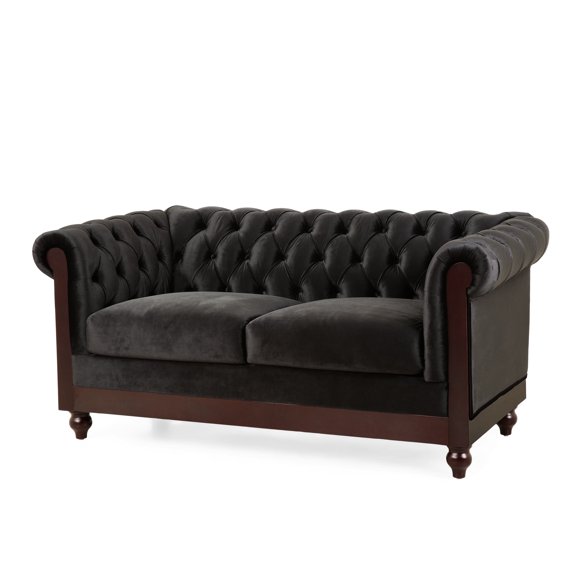 GDF Studio Ramona Indoor Velvet Tufted Love Seat in Dark Gray