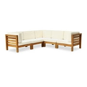 GDF Studio Ravello Outdoor V-Shaped Acacia Wood Sectional Sofa Set with Cushions, Brown