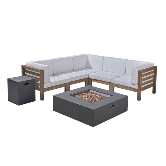 GDF Studio Ravello Outdoor V-Shaped Sectional Sofa Set with Fire Pit, Gray