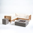 thumbnail image 1 of GDF Studio Ravello Outdoor V-Shaped Sectional Sofa Set with Fire Pit, Teak, Beige and Light Gray, 1 of 13