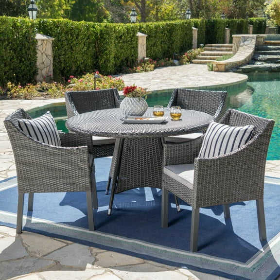 GDF Studio Raymond Outdoor Wicker 5 Piece Dining Set with Cushion, Gray and Light Gray