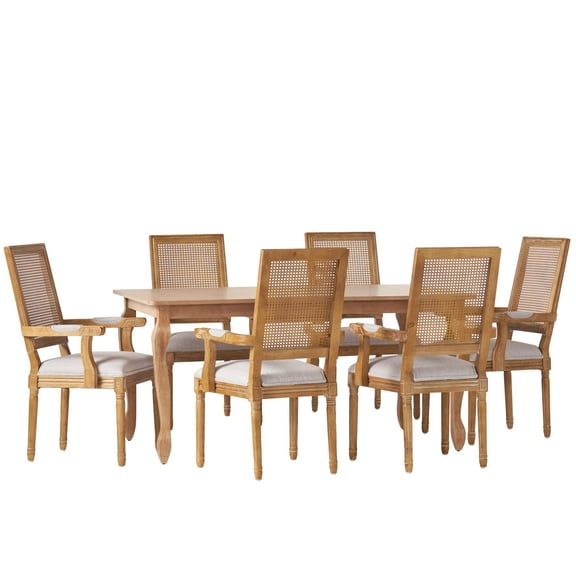 GDF Studio Regan French Country Fabric Upholstered Wood and Cane Expandable 7 Piece Dining Set, Natural Brown and Light Gray