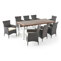 GDF Studio Remo Outdoor Acacia Wood and Wicker 9 Piece Dining Set with Cushion, Dark Brown, White, Multibrown, and Beige