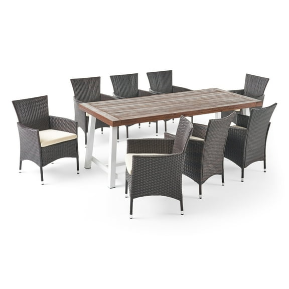 GDF Studio Remo Outdoor Acacia Wood and Wicker 9 Piece Dining Set with Cushion, Dark Brown, White, Multibrown, and Beige