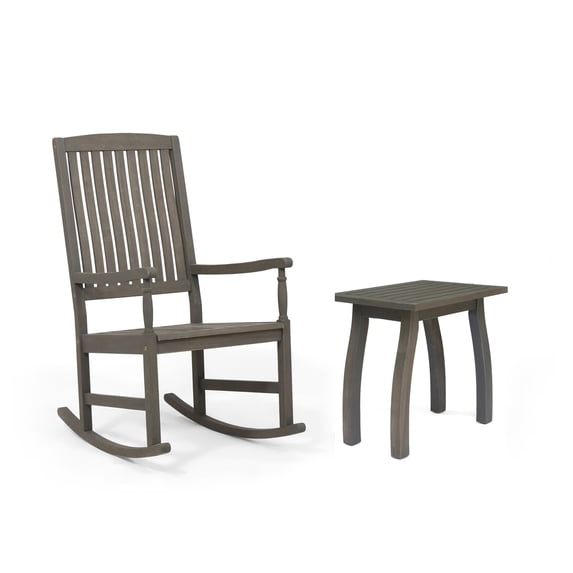 GDF Studio Reynard Outdoor Acacia Wood Rocking Chair and Side Table Set, Gray