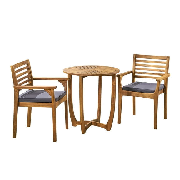 GDF Studio Ridgeview Outdoor Acacia Wood 3 Piece Bistro Set with Cushion, Teak and Dark Gray