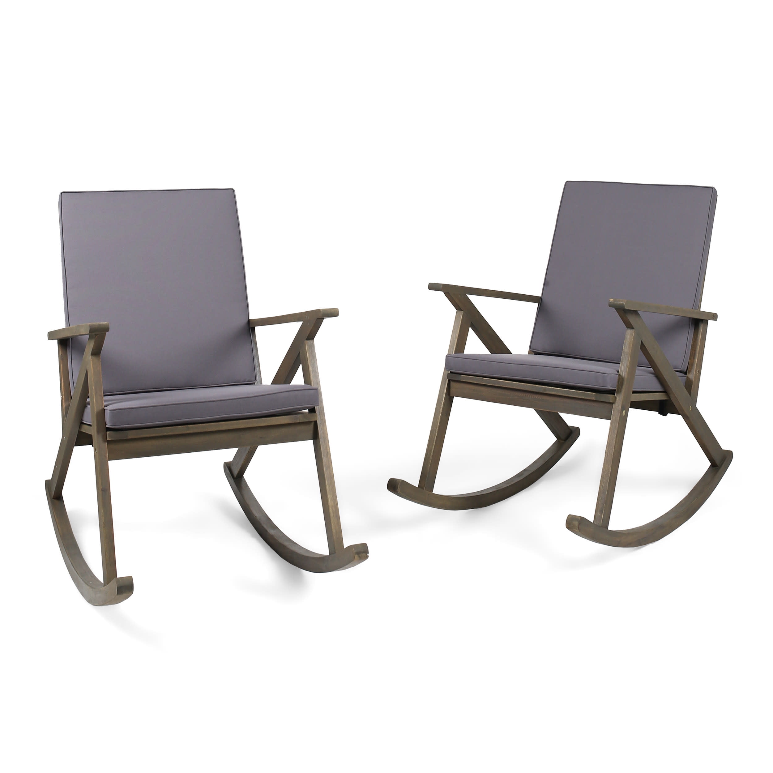 Gray Acacia Wood Outdoor Rocking Chair Set with Cushions