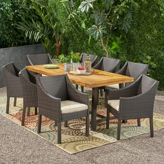 GDF Studio River Outdoor Acacia Wood and Wicker 9 Piece Dining Set with Cushion, Multibrown, Beige, and Teak