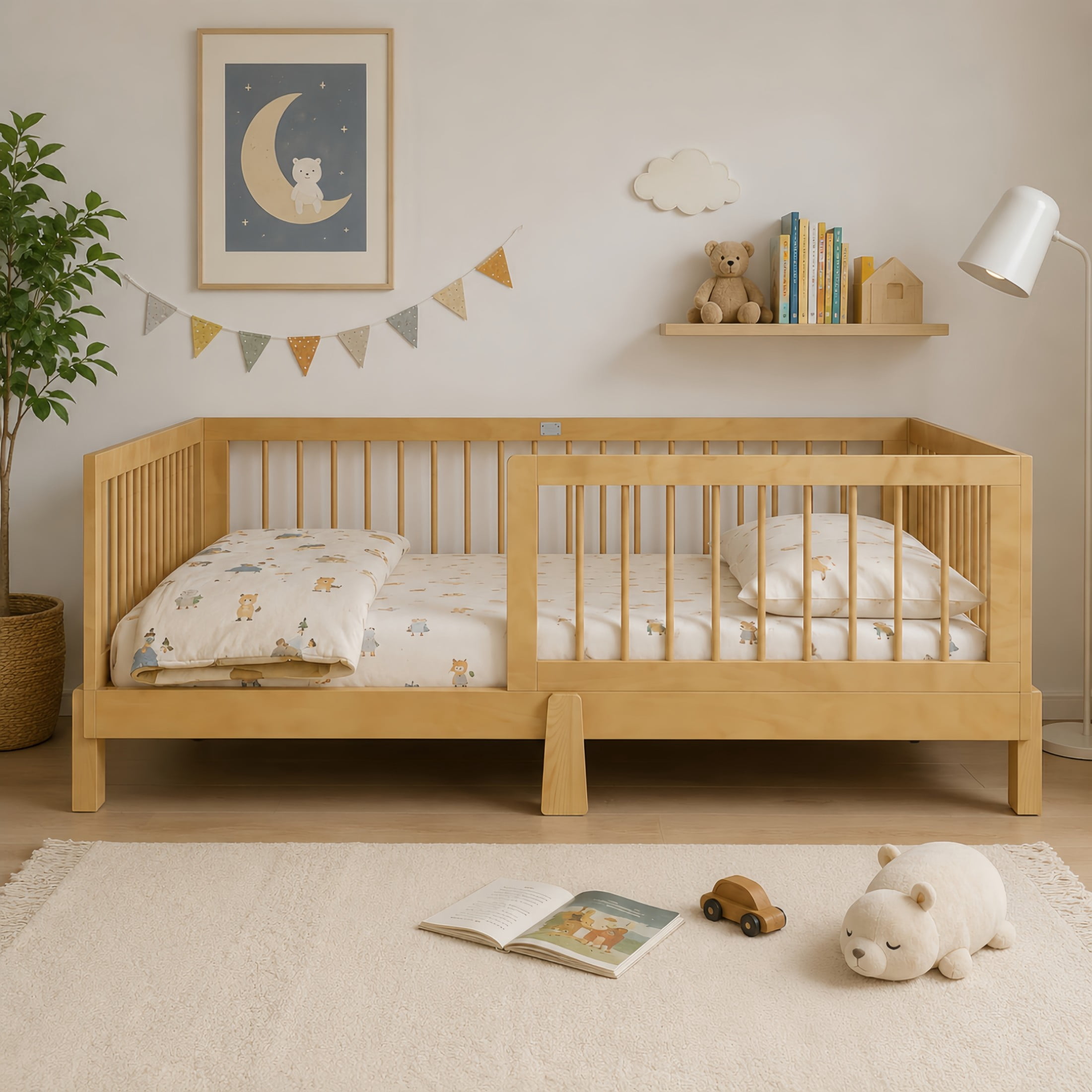 GDF Studio Rolley Full-Size 3-in-1 Convertible Montessori Floor Bed with Guardrails, Pine Wood Kids Bed Frame, Natural