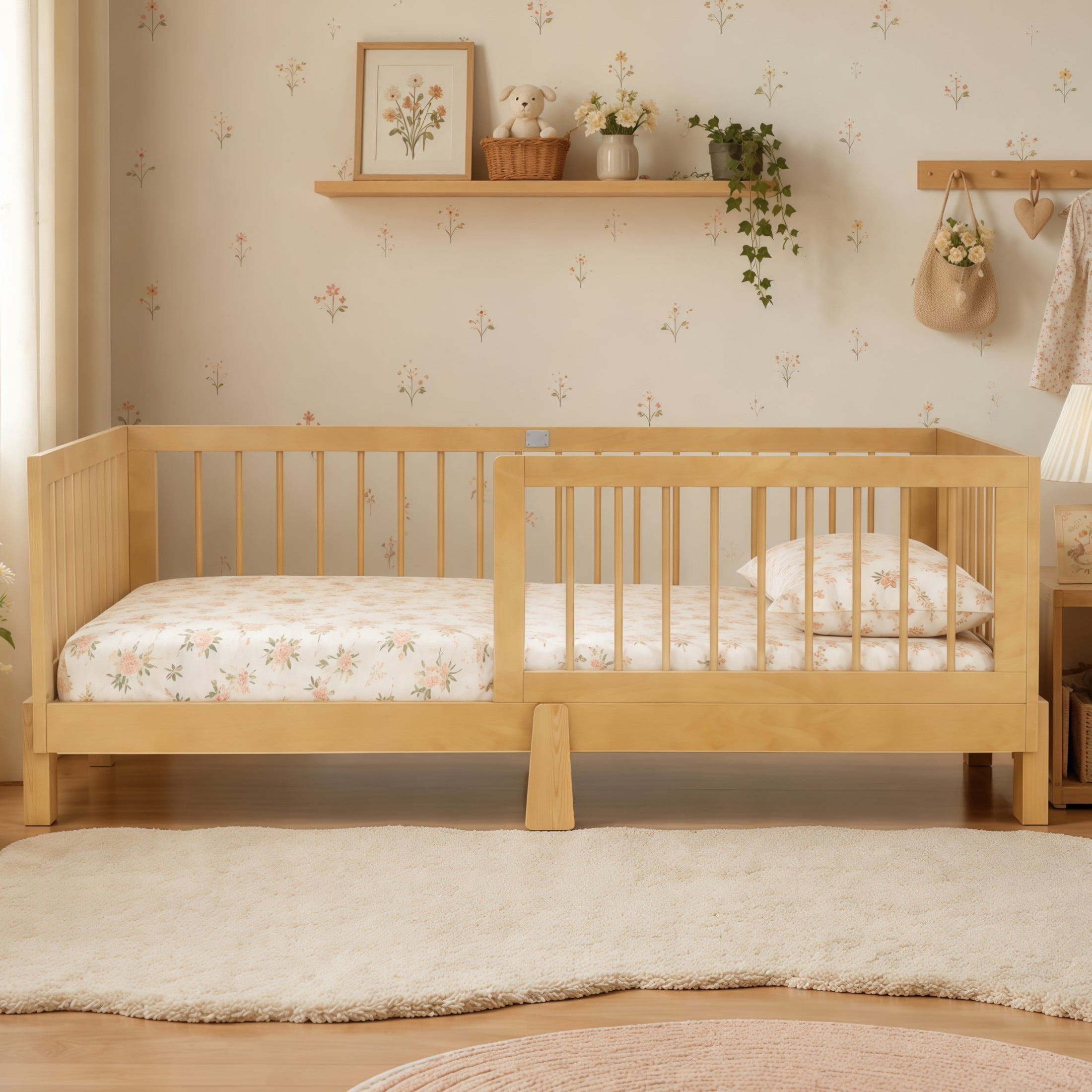 GDF Studio Rolley Twin-Size 3-in-1 Convertible Montessori Floor Bed with Guardrails, Pine Wood Kids Bed Frame, Natural