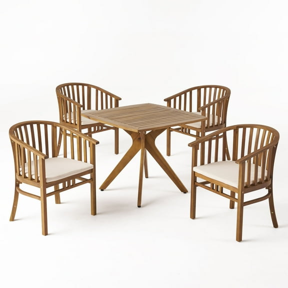 GDF Studio Rosin Outdoor Acacia Wood 5 Piece Dining Set with Cushion, Teak and Cream