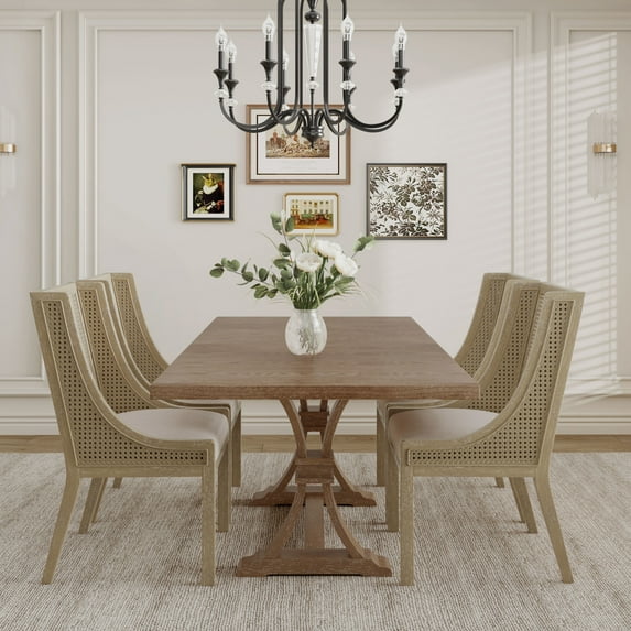 GDF Studio Rustic 5-Piece Dining Set with Cane Webbing Chairs, Rubberwood Frame, X-Frame Table Base, Natural+Beige