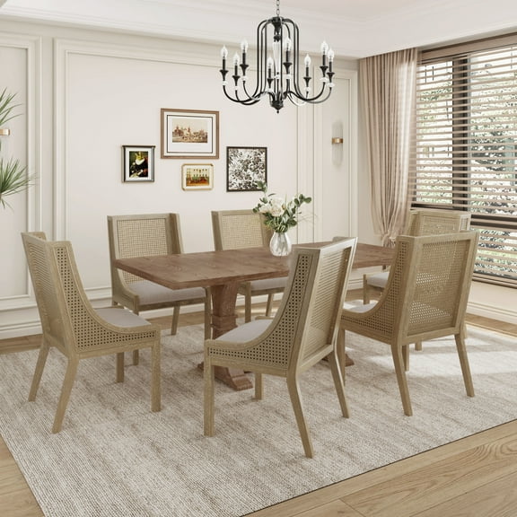 GDF Studio Rustic 7-Piece Dining Set with Cane Webbing Chairs, Rubberwood Frame, X-Frame Table Base, Natural+Beige
