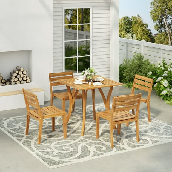 GDF Studio Rustic Slat Design 5-Piece Outdoor Bistro Set with Acacia Wood Table and Chairs, Teak Finish