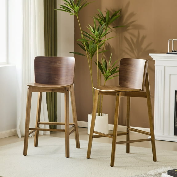 GDF Studio Rustic Wooden Bar Stools with Ergonomic Curved Backrest and Seat, Walnut Finish, Set of 2