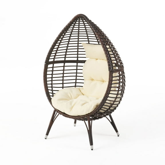 GDF Studio Ruweyda Outdoor Wicker Teardrop Basket Chair with Cushion, Multibrown and Beige