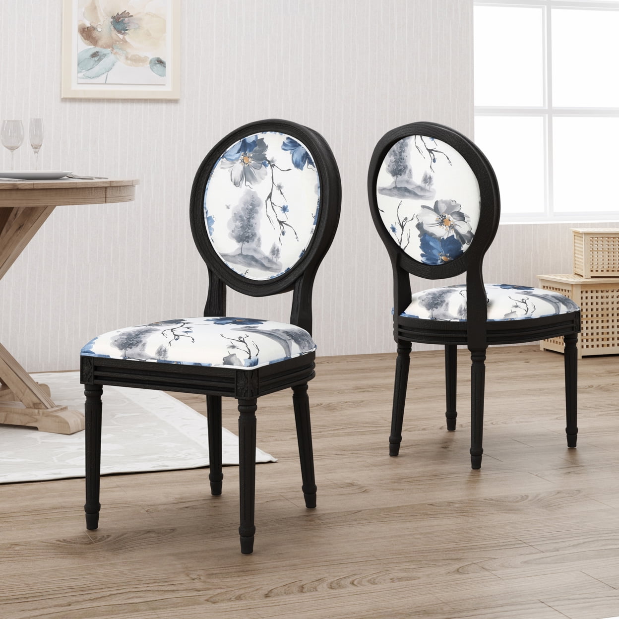 Elegant Floral Print Upholstered Dining Chairs with Black Rubberwood Legs