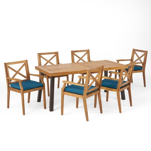GDF Studio Safire Outdoor Acacia Wood 7 Piece Dining Set with Cushion, Teak, Rustic Metal, and Blue