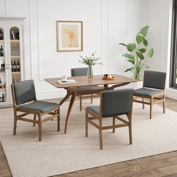 GDF Studio Sage Modern 5-Piece Dining Set, 59" Rectangle Table with Upholstered Chairs, Solid Wood Frame, Dark Gray+Walnut