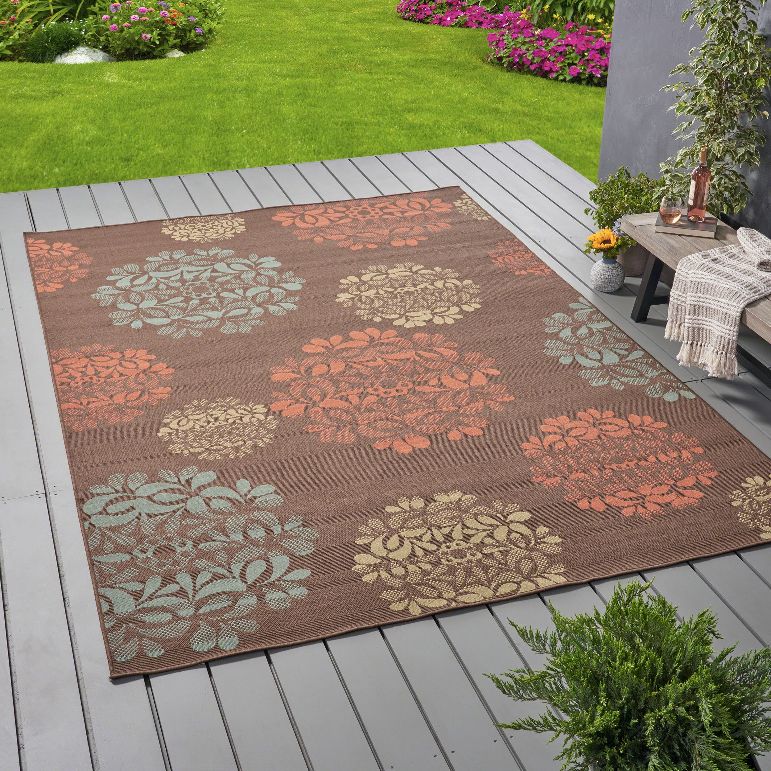 GDF Studio Sallie Outdoor Floral Area Rug, 8' x 11', Brown and Blue, 100% Polypropylene, Machine ...
