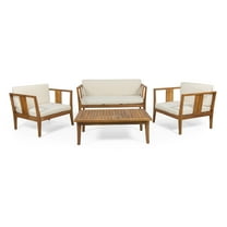 GDF Studio Saman Outdoor 4 Seater Acacia Wood Chat Set with Cushions, Teak and Beige